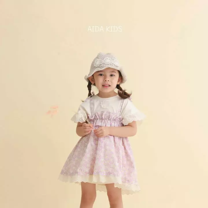 Aida - Korean Children Fashion - #designkidswear - Cream Flower String One-piece Tee Set