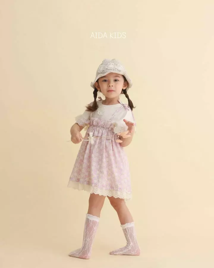 Aida - Korean Children Fashion - #discoveringself - Cream Flower String One-piece Tee Set - 2