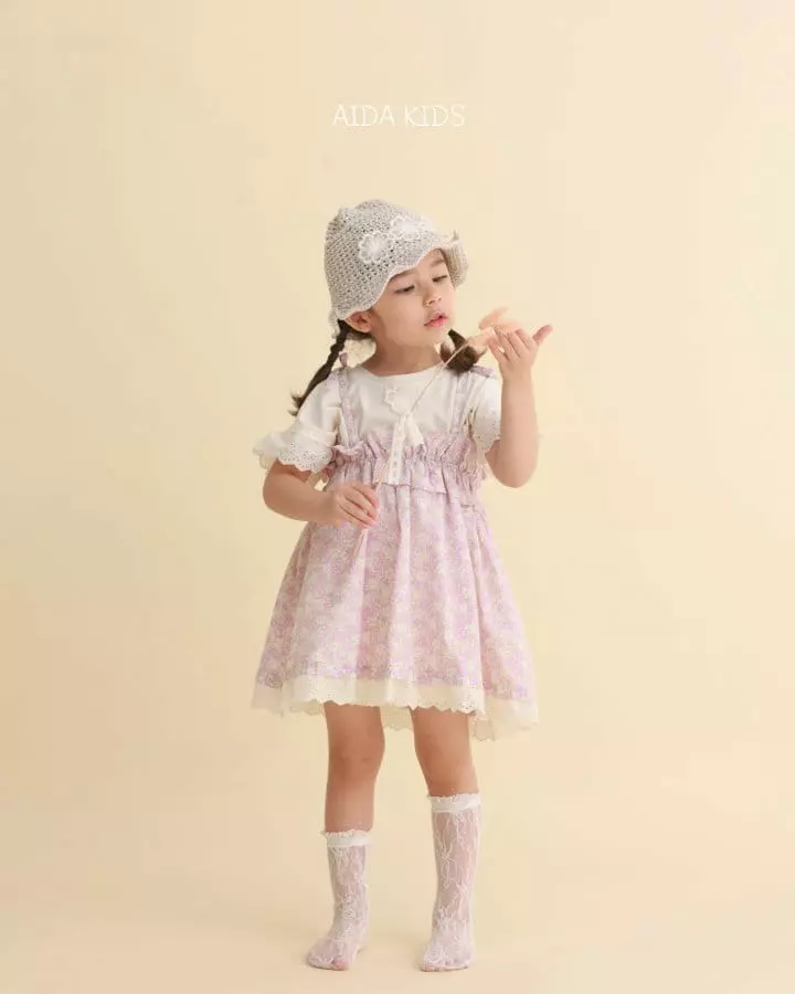 Aida - Korean Children Fashion - #fashionkids - Cream Flower String One-piece Tee Set - 3