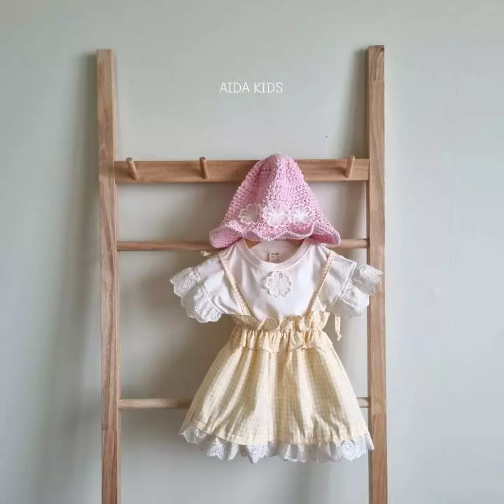 Aida - Korean Children Fashion - #fashionkids - Check String One-piece Tee Set - 5