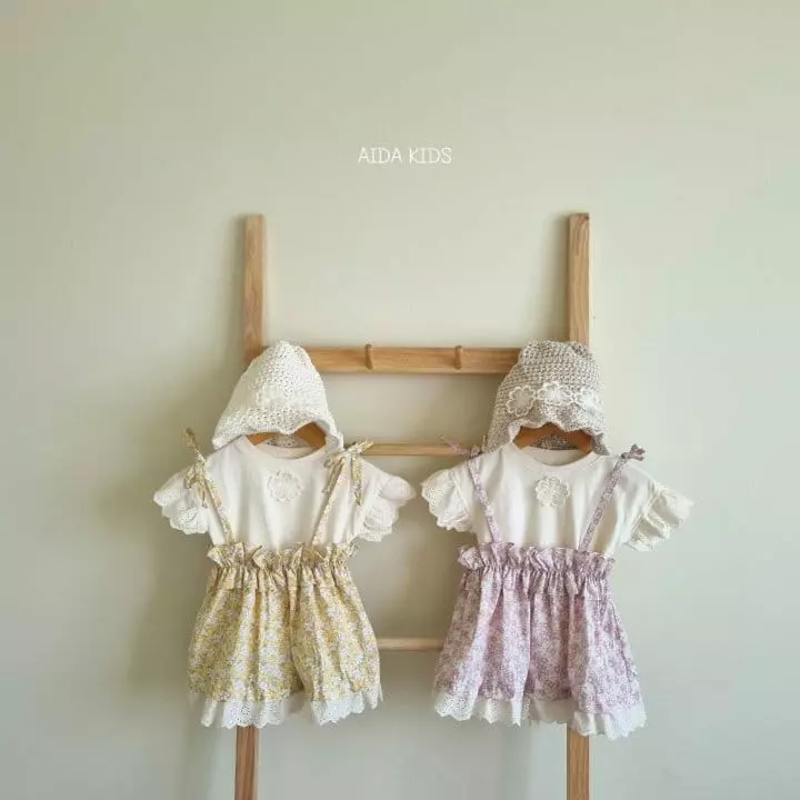 Aida - Korean Children Fashion - #fashionkids - Cream Flower String One-piece Tee Set - 4