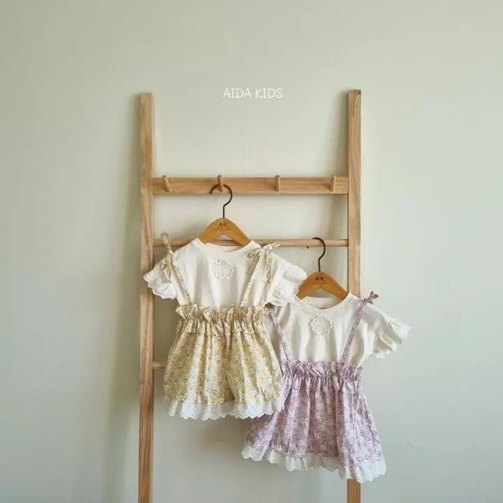 Aida - Korean Children Fashion - #kidsstore - Cream Flower String One-piece Tee Set - 5