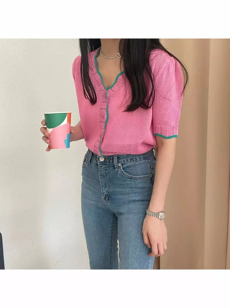 All Vibe - Korean Women Fashion - #momslook - Color Puff V Neck Cardigan
