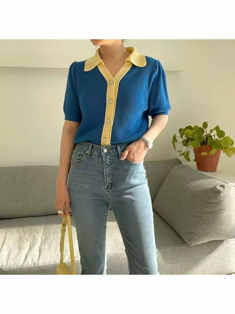 All Vibe - Korean Women Fashion - #momslook - Color Short Sleeves Puff Cardigan - 2