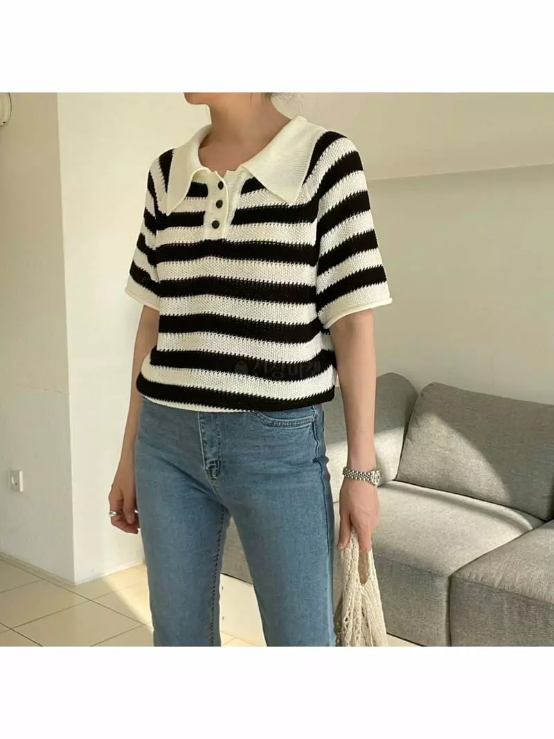 All Vibe - Korean Women Fashion - #momslook - Stripes Waffle Knit Tee - 2