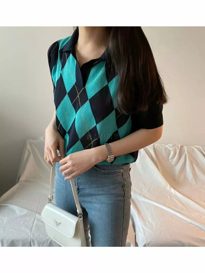 All Vibe - Korean Women Fashion - #momslook - Arglye Check Short Sleeves Knit Tee - 3