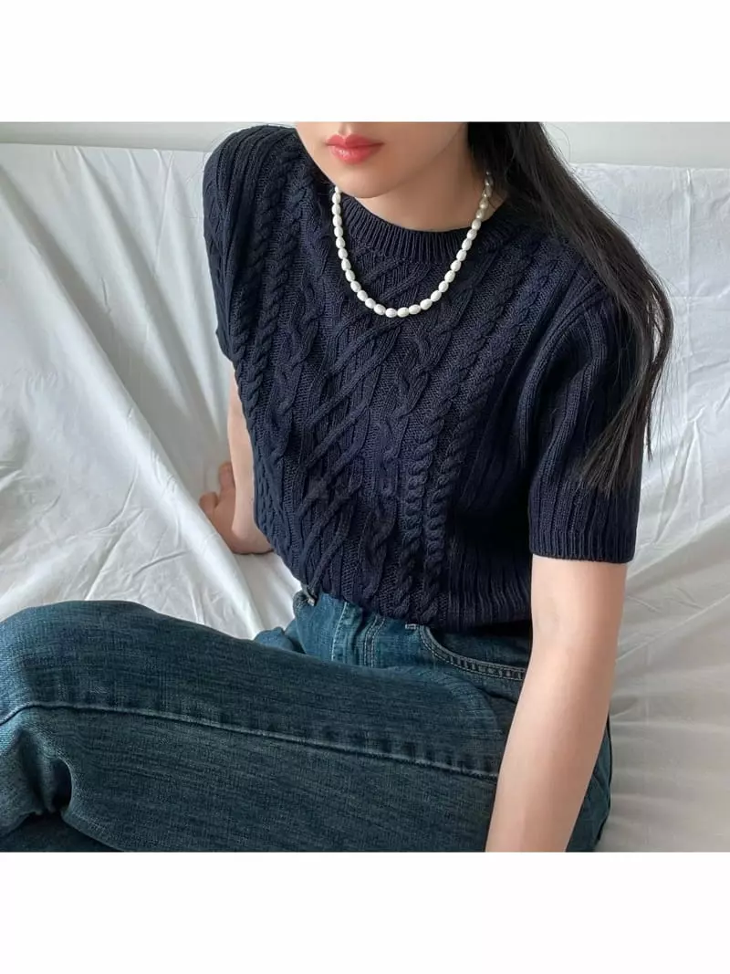 All Vibe - Korean Women Fashion - #vintagekidsstyle - Cable Summer Knit Tee - 4