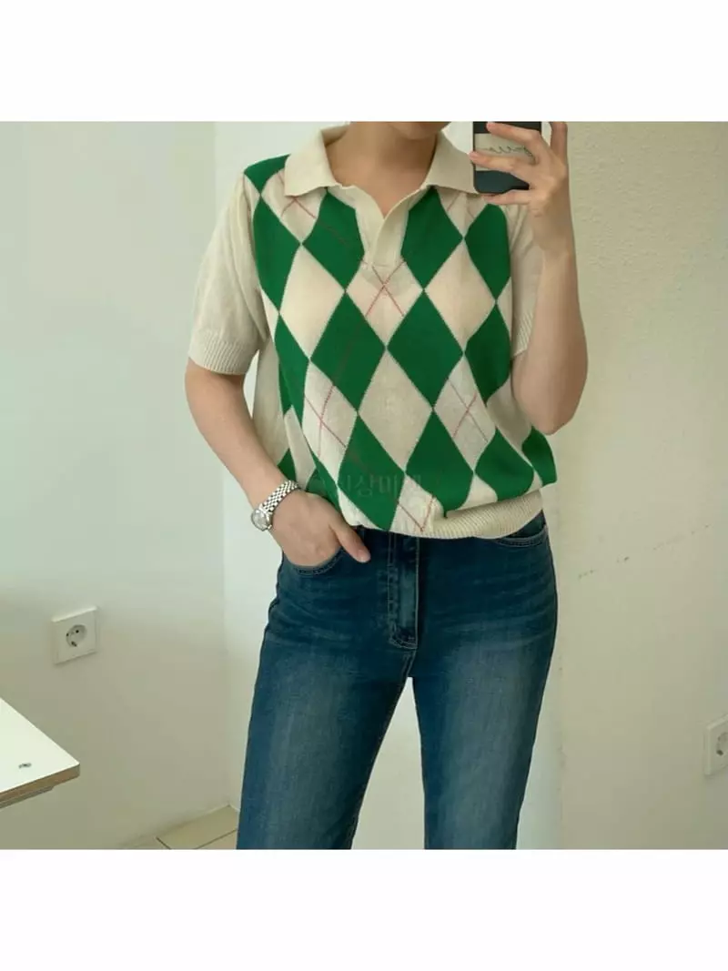 All Vibe - Korean Women Fashion - #thatsdarling - Arglye Check Short Sleeves Knit Tee