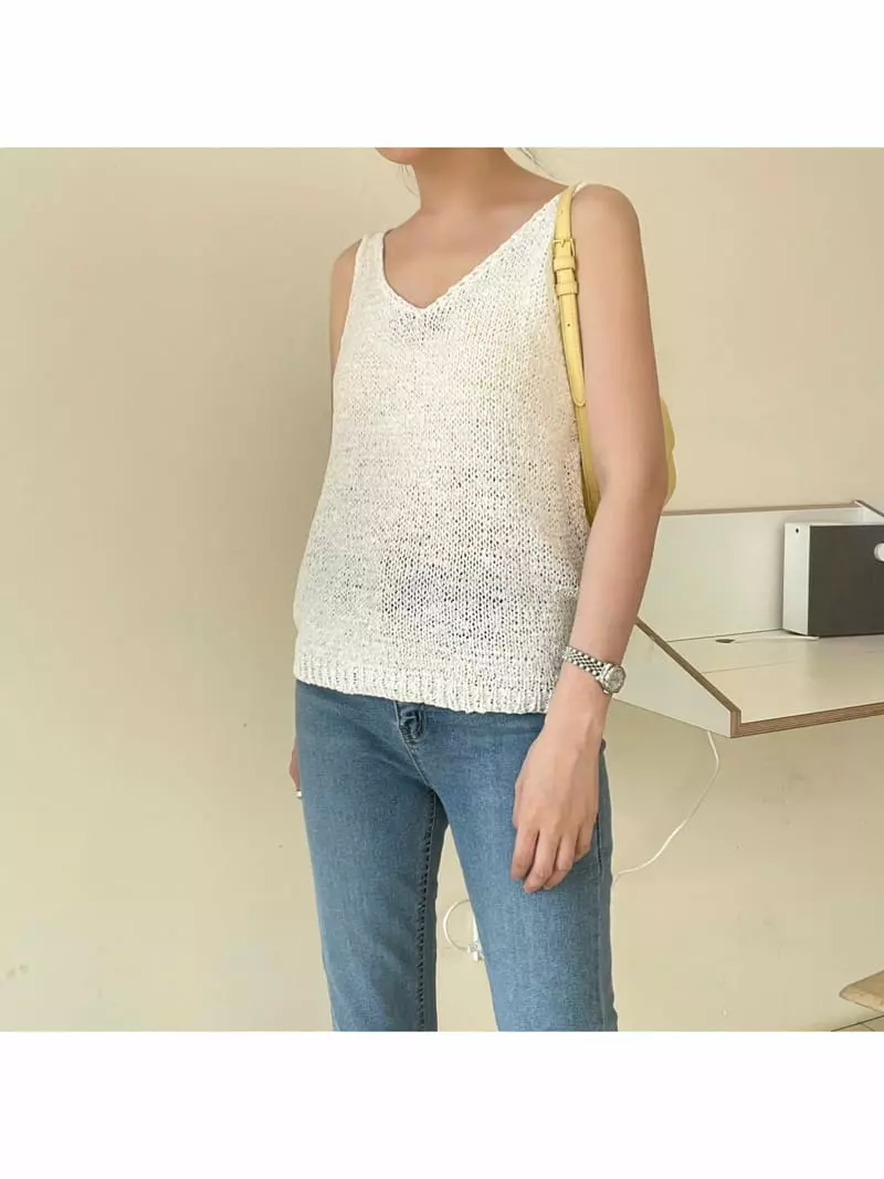 All Vibe - Korean Women Fashion - #thatsdarling - V Neck Mesh Sleeveless Knit Tee - 4