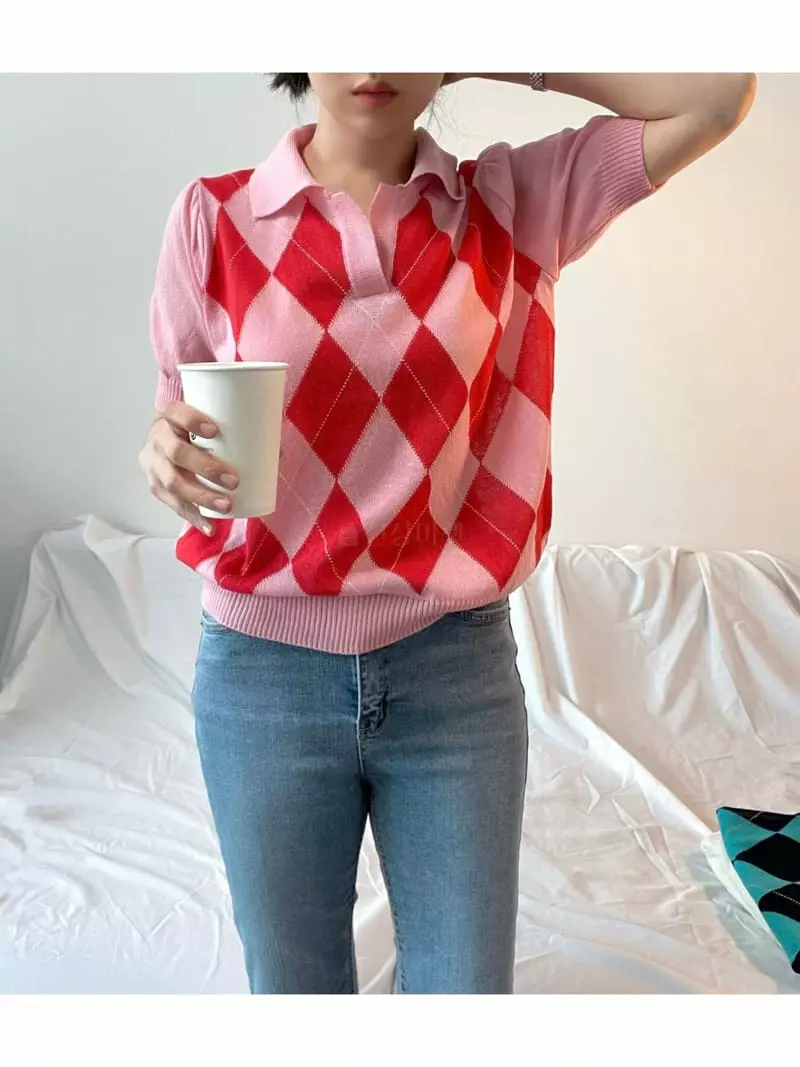 All Vibe - Korean Women Fashion - #thelittlethings - Arglye Check Short Sleeves Knit Tee - 2