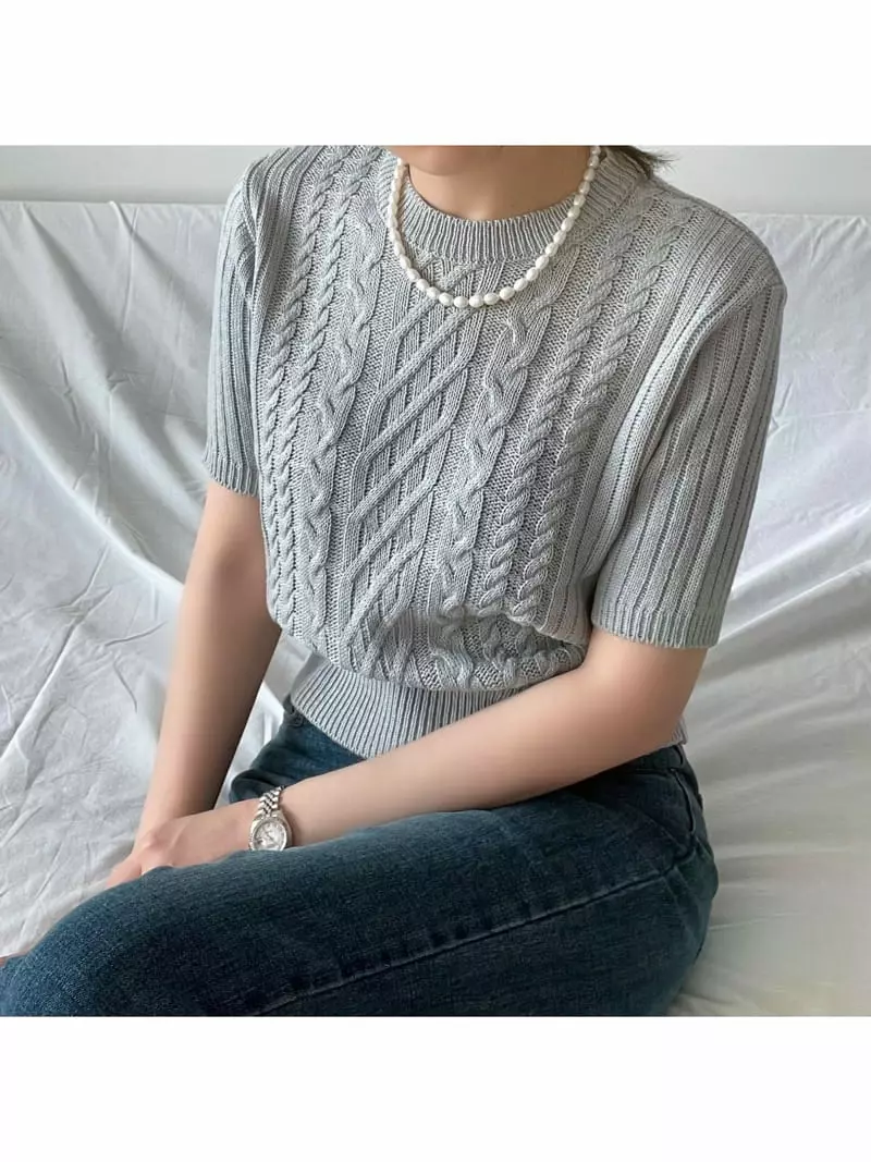 All Vibe - Korean Women Fashion - #vintageinspired - Cable Summer Knit Tee - 2