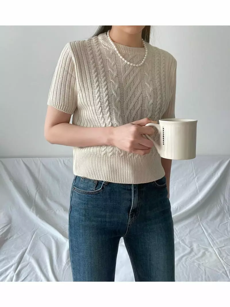 All Vibe - Korean Women Fashion - #vintagekidsstyle - Cable Summer Knit Tee - 3