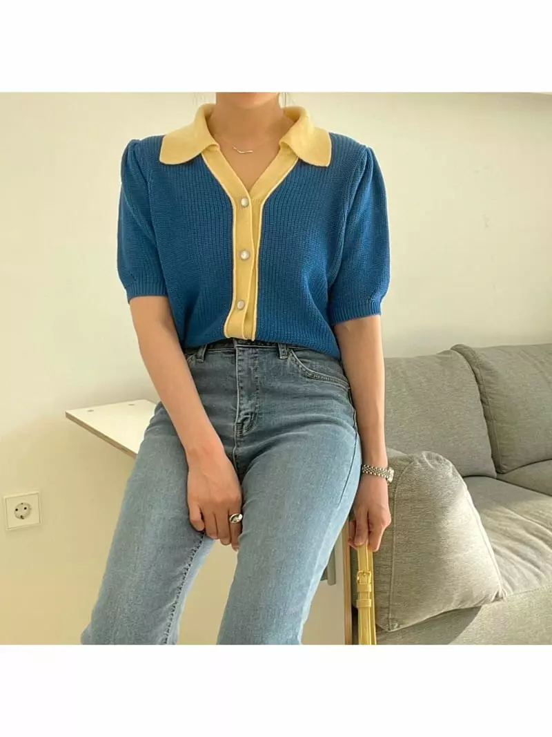 All Vibe - Korean Women Fashion - #womensfashion - Color Short Sleeves Puff Cardigan - 3