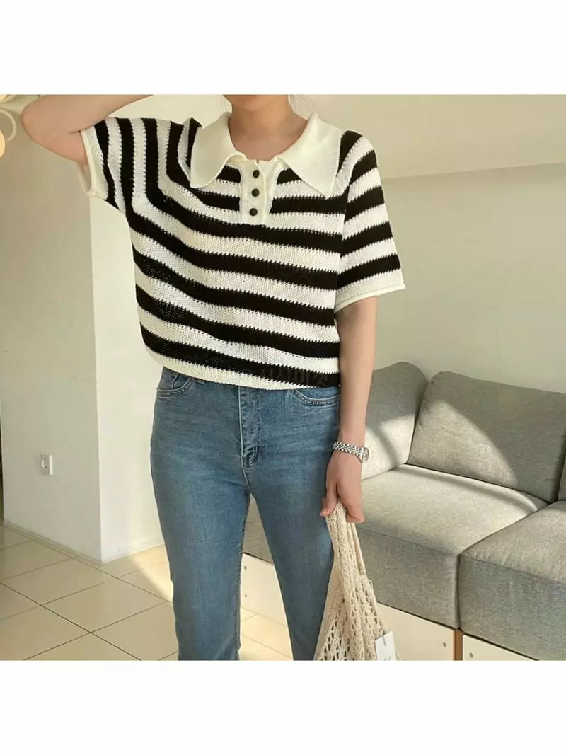 All Vibe - Korean Women Fashion - #womensfashion - Stripes Waffle Knit Tee - 3