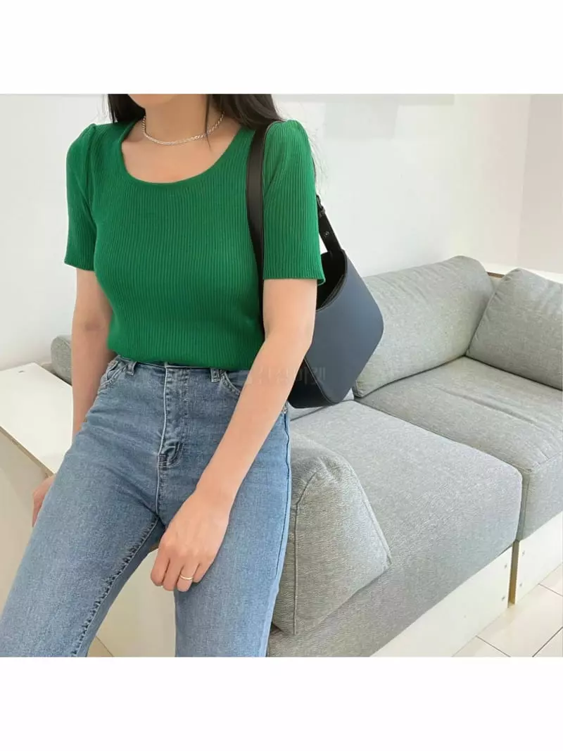 All Vibe - Korean Women Fashion - #womensfashion - Puff Rib Square Summer Knit Tee - 5