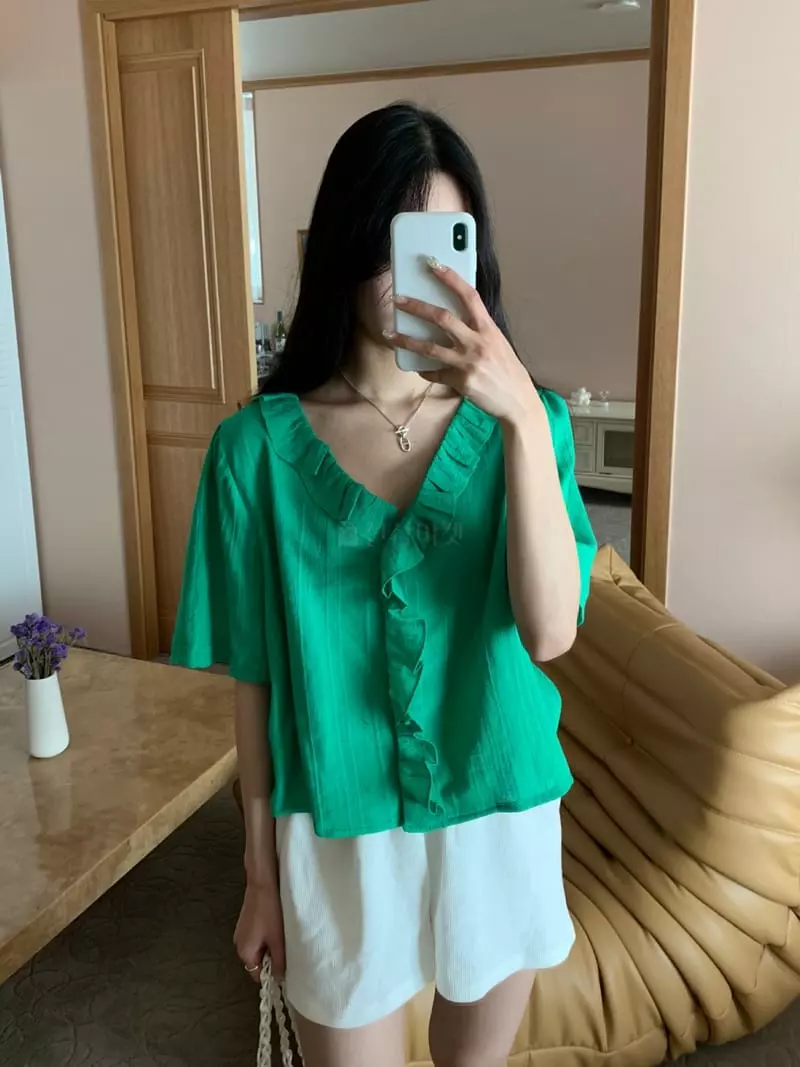 As Thought - Korean Women Fashion - #momslook - V Neck Frill Blouse - 3
