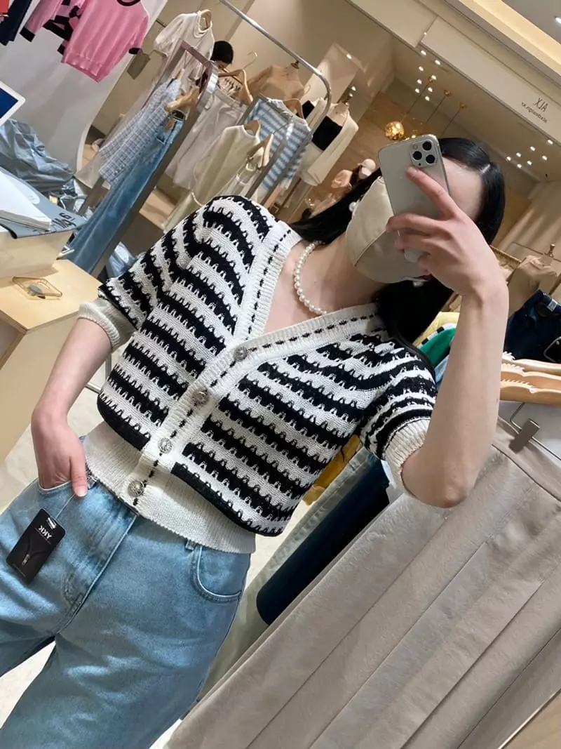 Ave29 - Korean Women Fashion - #vintageinspired - Half Stripes Cardigan - 4