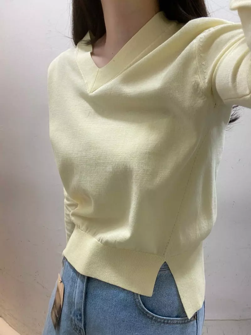 Ave29 - Korean Women Fashion - #womensfashion - V Neck Slit Knit - 3