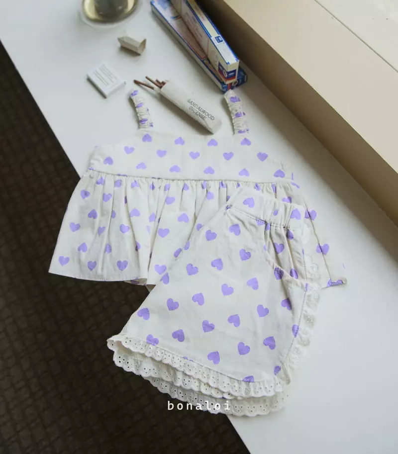Bonaloi - Korean Children Fashion - #toddlerclothing - Heart Top Bottom Set - 2
