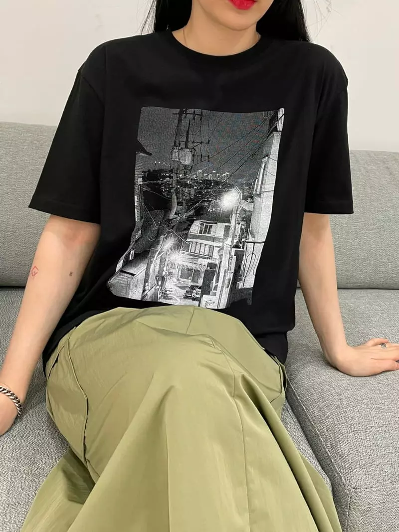Buckle - Korean Women Fashion - #momslook - Black Paitn Tee - 4