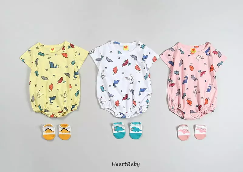 Heart Baby - Korean Baby Fashion - #onlinebabyboutique - Dino Short Sleeves Bodysuit - 2