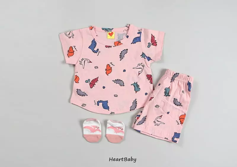 Heart Baby - Korean Children Fashion - #childofig - Dino Short Sleeves Top Bottom Set - 3
