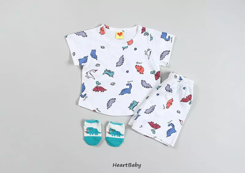 Heart Baby - Korean Children Fashion - #childofig - Dino Short Sleeves Top Bottom Set - 4