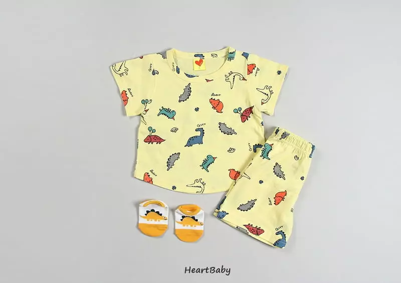 Heart Baby - Korean Children Fashion - #designkidswear - Dino Short Sleeves Top Bottom Set - 5
