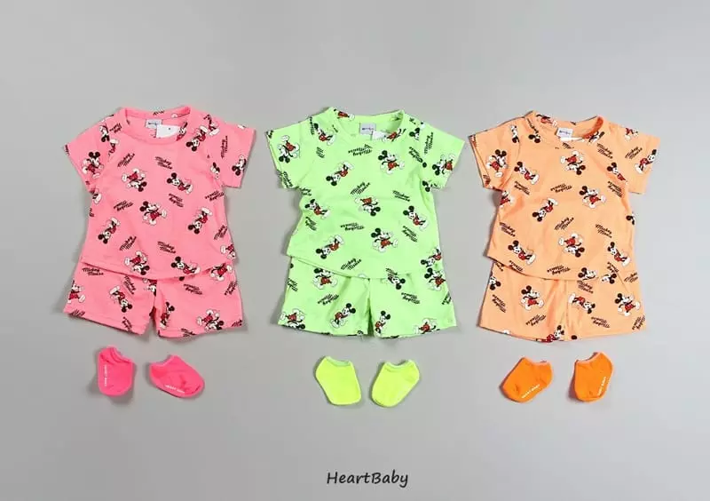 Heart Baby - Korean Children Fashion - #kidsshorts - Neon Mickey Short Sleeve Top Bottom Set - 2
