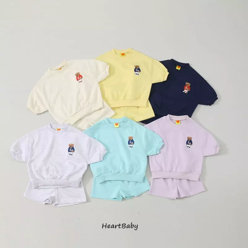 Heart Baby - Korean Children Fashion - #kidsshorts - Bear Embroidery Short Sleeves Top Bottom Set