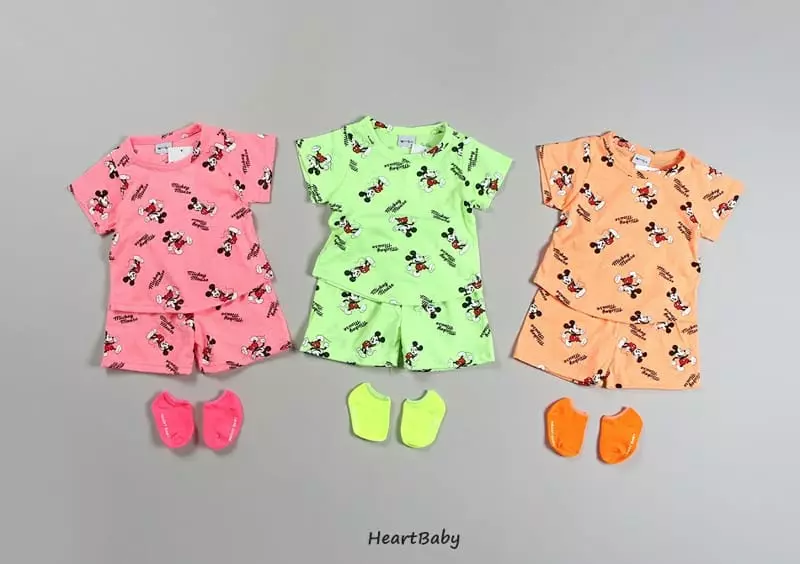 Heart Baby - Korean Children Fashion - #kidsstore - Neon Mickey Short Sleeve Top Bottom Set - 3
