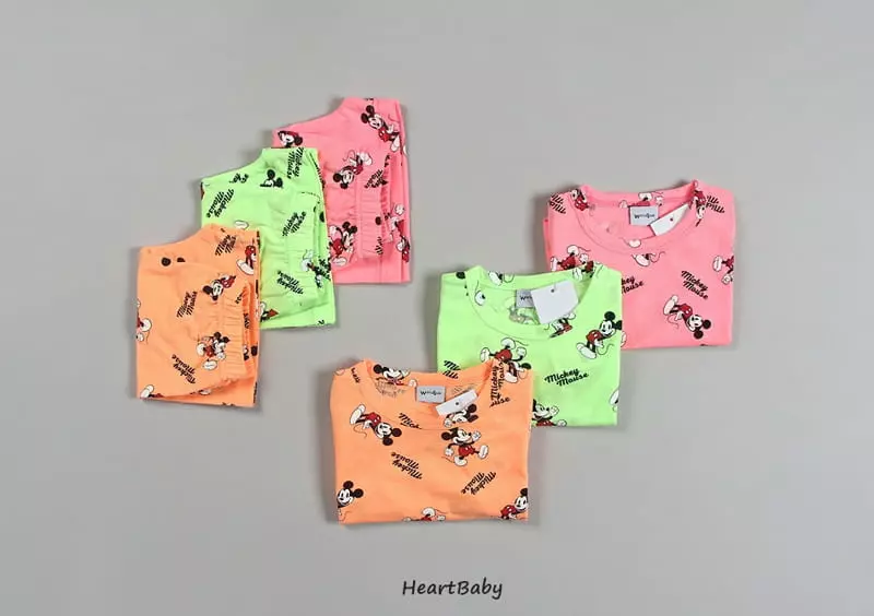 Heart Baby - Korean Children Fashion - #kidsstore - Neon Mickey Short Sleeve Top Bottom Set - 4