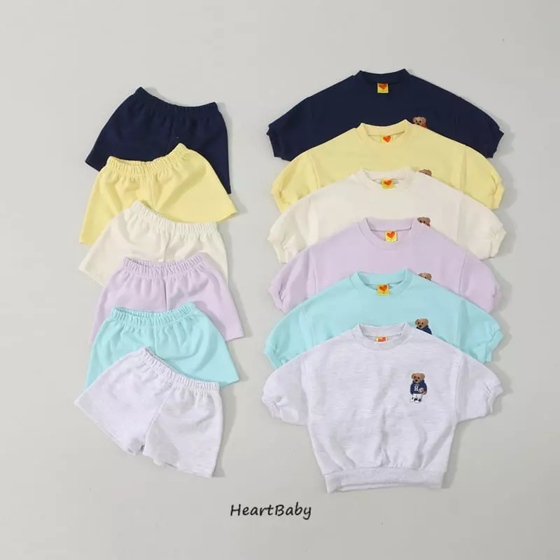 Heart Baby - Korean Children Fashion - #kidzfashiontrend - Bear Embroidery Short Sleeves Top Bottom Set - 3