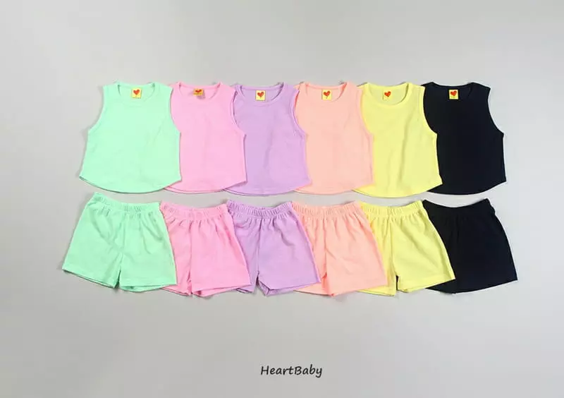 Heart Baby - Korean Children Fashion - #littlefashionista - Macaroon Sleeveless Top Bottom Set