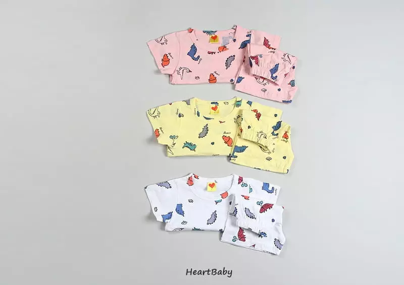 Heart Baby - Korean Children Fashion - #stylishchildhood - Dino Short Sleeves Top Bottom Set - 2