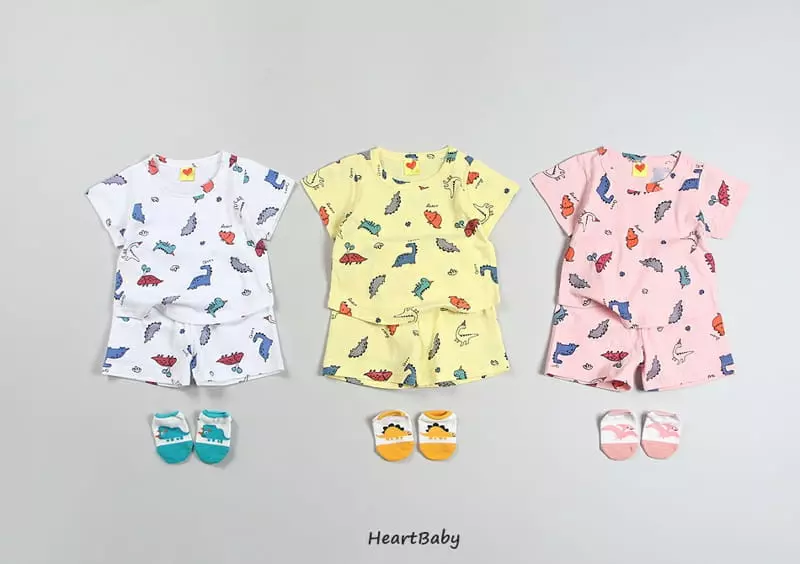Heart Baby - Korean Children Fashion - #toddlerclothing - Dino Short Sleeves Top Bottom Set