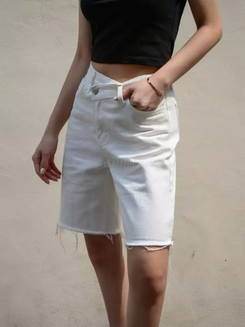 Inssense - Korean Women Fashion - #momslook - Cross White Denim Shorts - 3