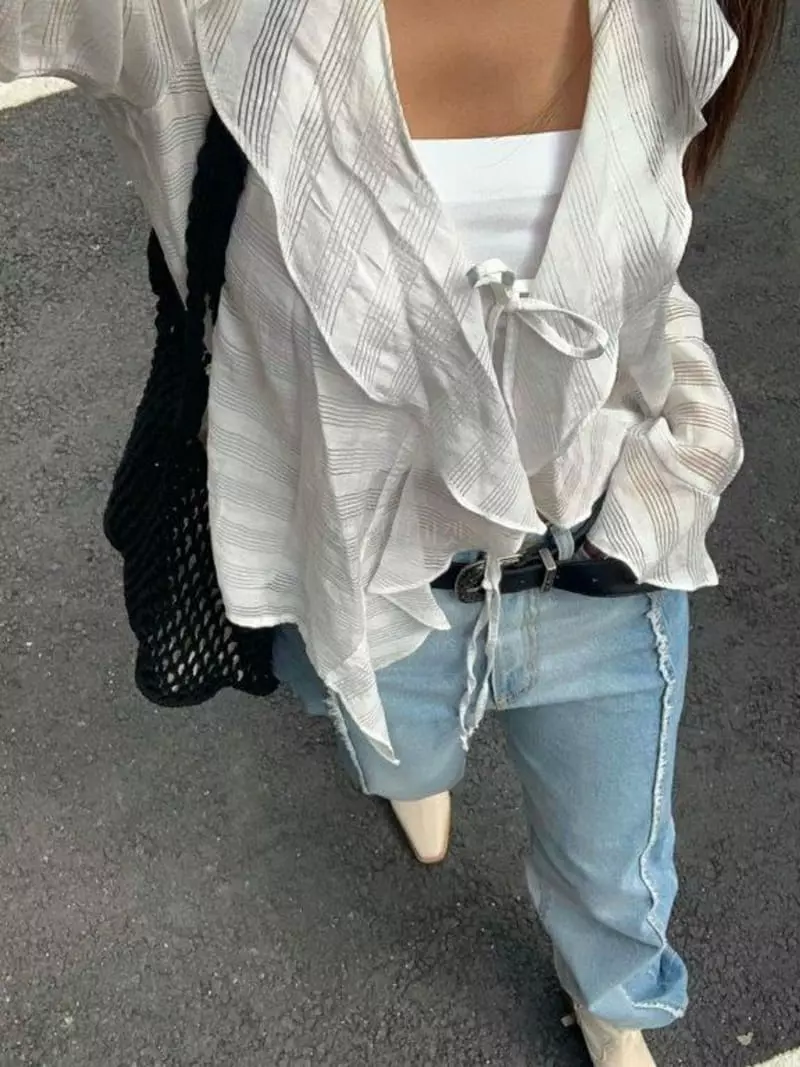 Inssense - Korean Women Fashion - #momslook - Stripes Frill Blouse Cardigan - 3