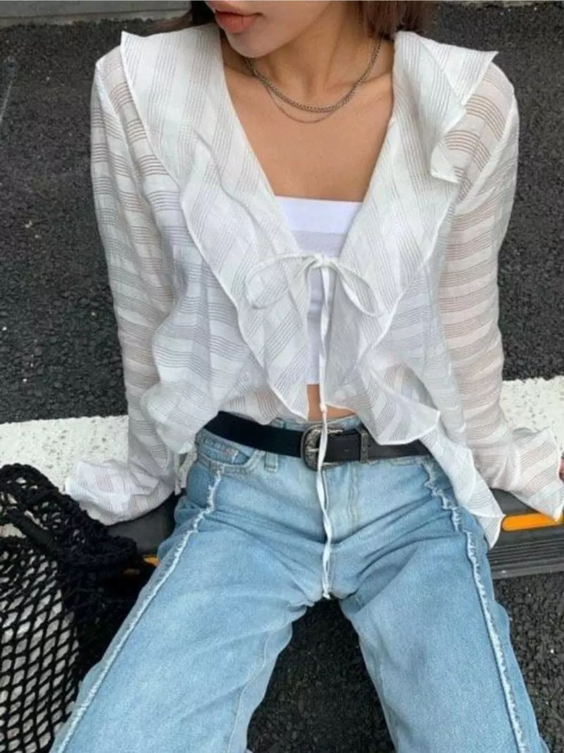 Inssense - Korean Women Fashion - #womensfashion - Stripes Frill Blouse Cardigan - 2