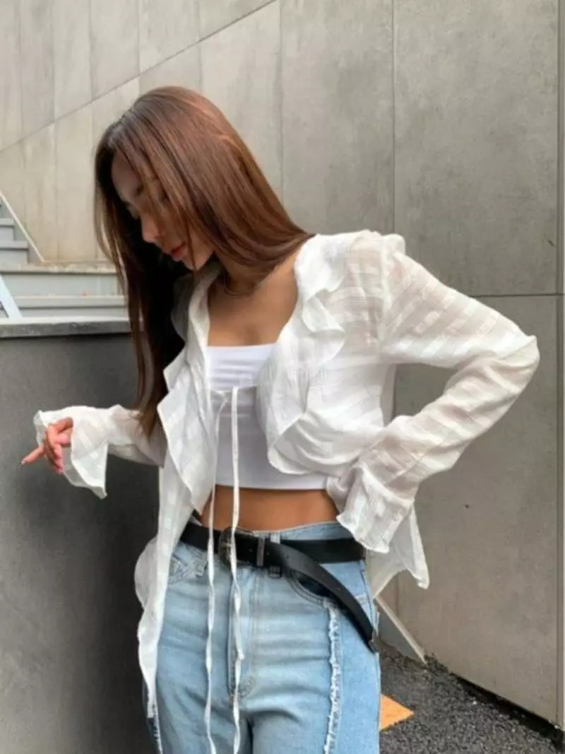 Inssense - Korean Women Fashion - #momslook - Stripes Frill Blouse Cardigan - 4