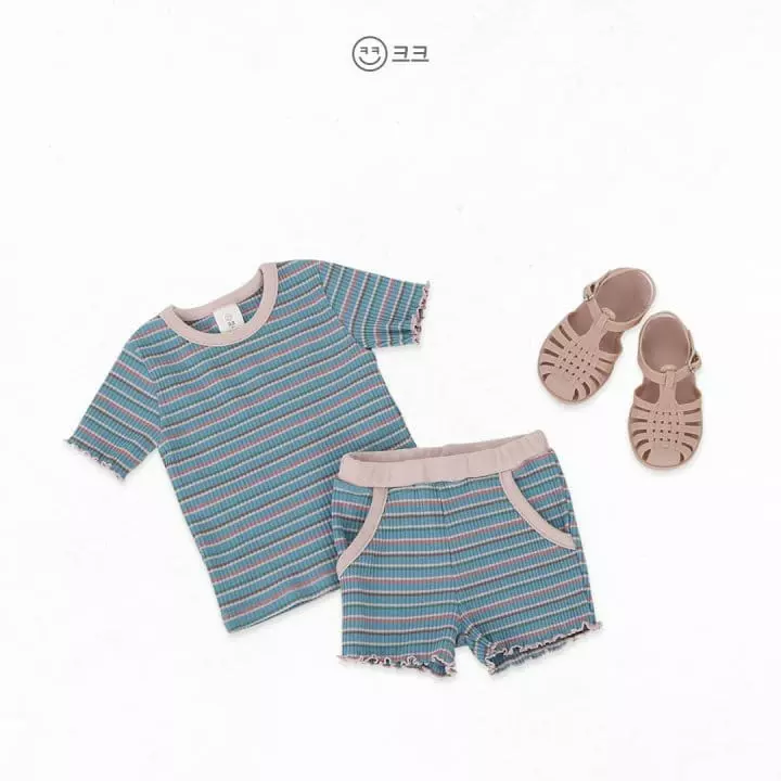 Kk - Korean Children Fashion - #childrensboutique - Stripes Rib Top Bottom Set - 12