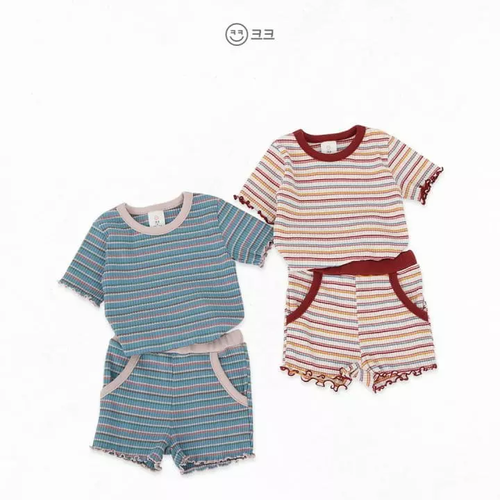 Kk - Korean Children Fashion - #kidsshorts - Stripes Rib Top Bottom Set - 2
