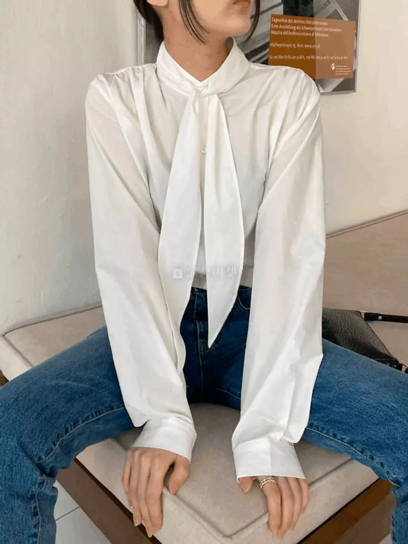 Knock - Korean Women Fashion - #momslook - Cotton Tie Blouse - 4
