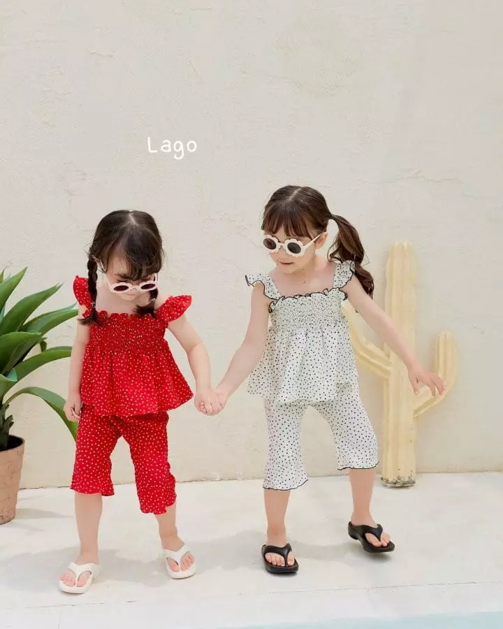 Lago - Korean Children Fashion - #fashionkids - Dot Smocked Top Bottom Set - 6