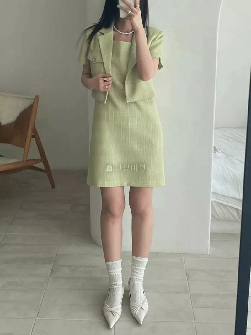 Lovemoment - Korean Women Fashion - #restrostyle - May Twid One-piece Jacket Set - 4