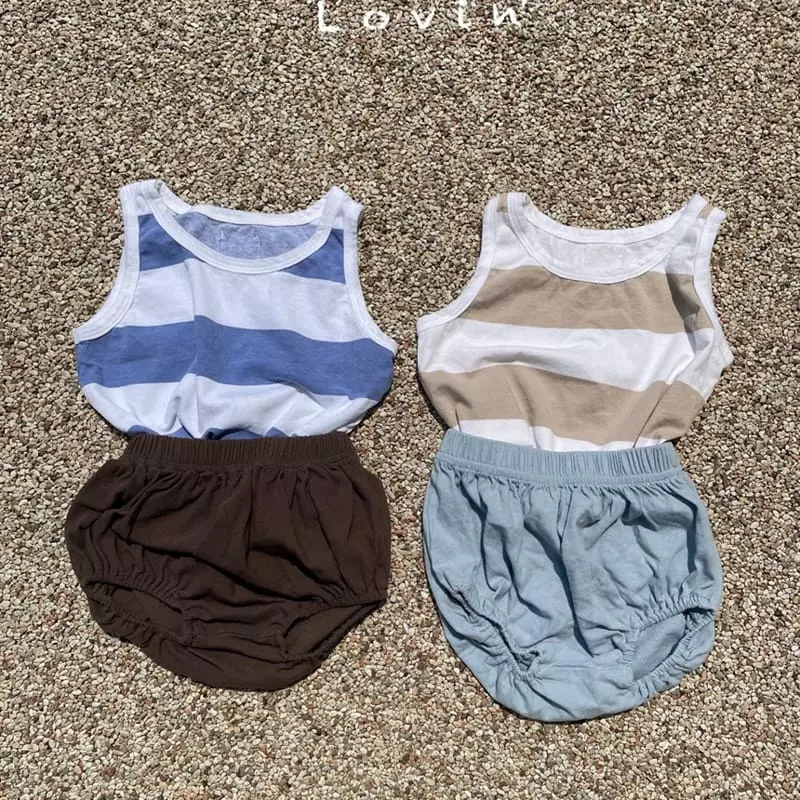 Lovin - Korean Baby Fashion - #babyfever - Bebe Stripes Sleeveless Top Bottom Set - 2