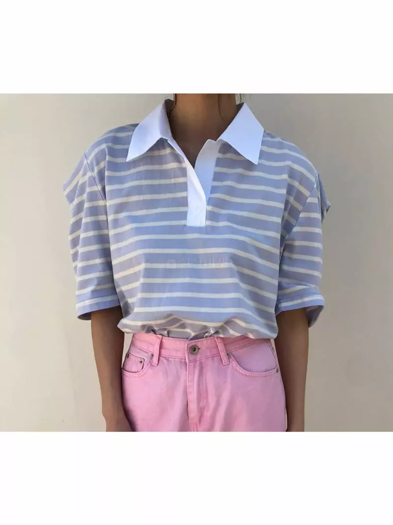 Matilda - Korean Women Fashion - #womensfashion - Summer Collar Tee - 3