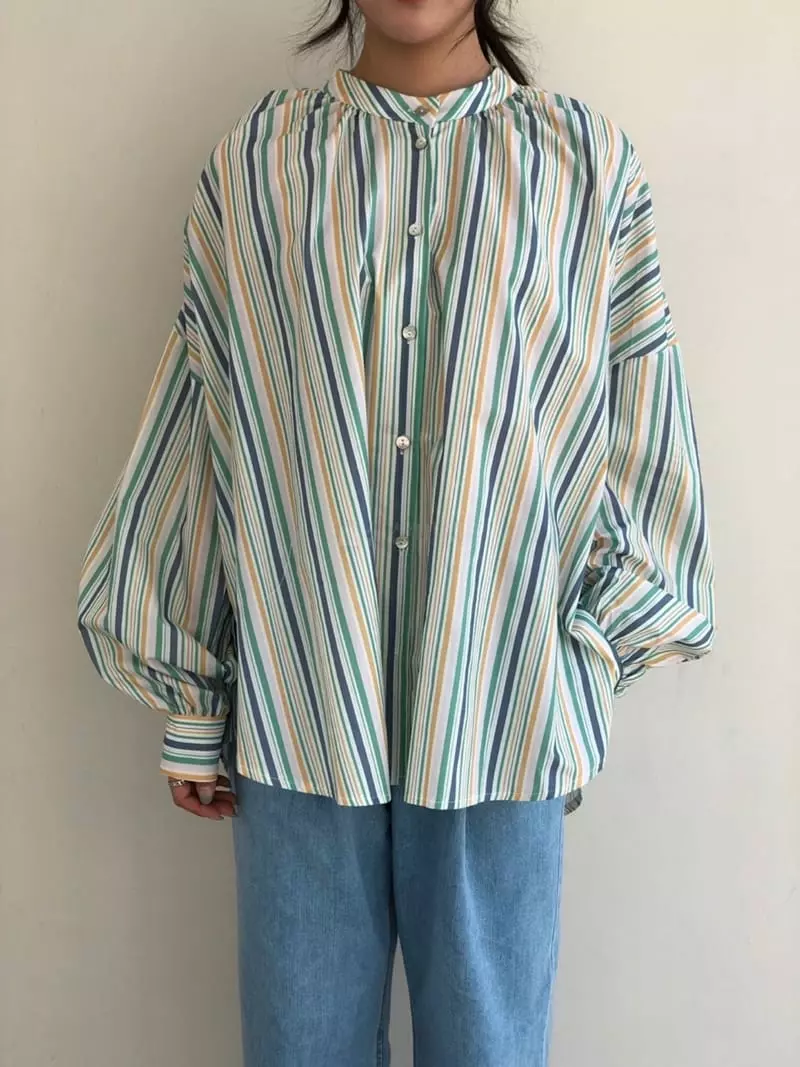 Matilda - Korean Women Fashion - #womensfashion - Shirring Stripes Shirt