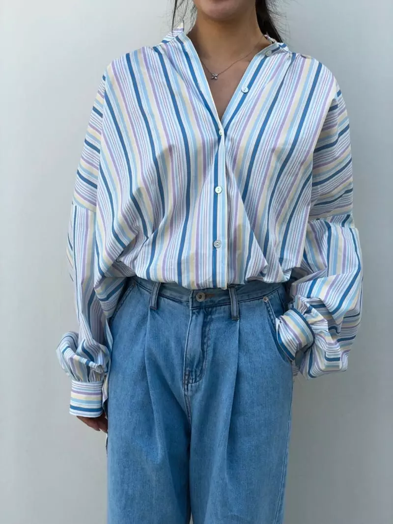 Matilda - Korean Women Fashion - #womensfashion - Shirring Stripes Shirt - 3