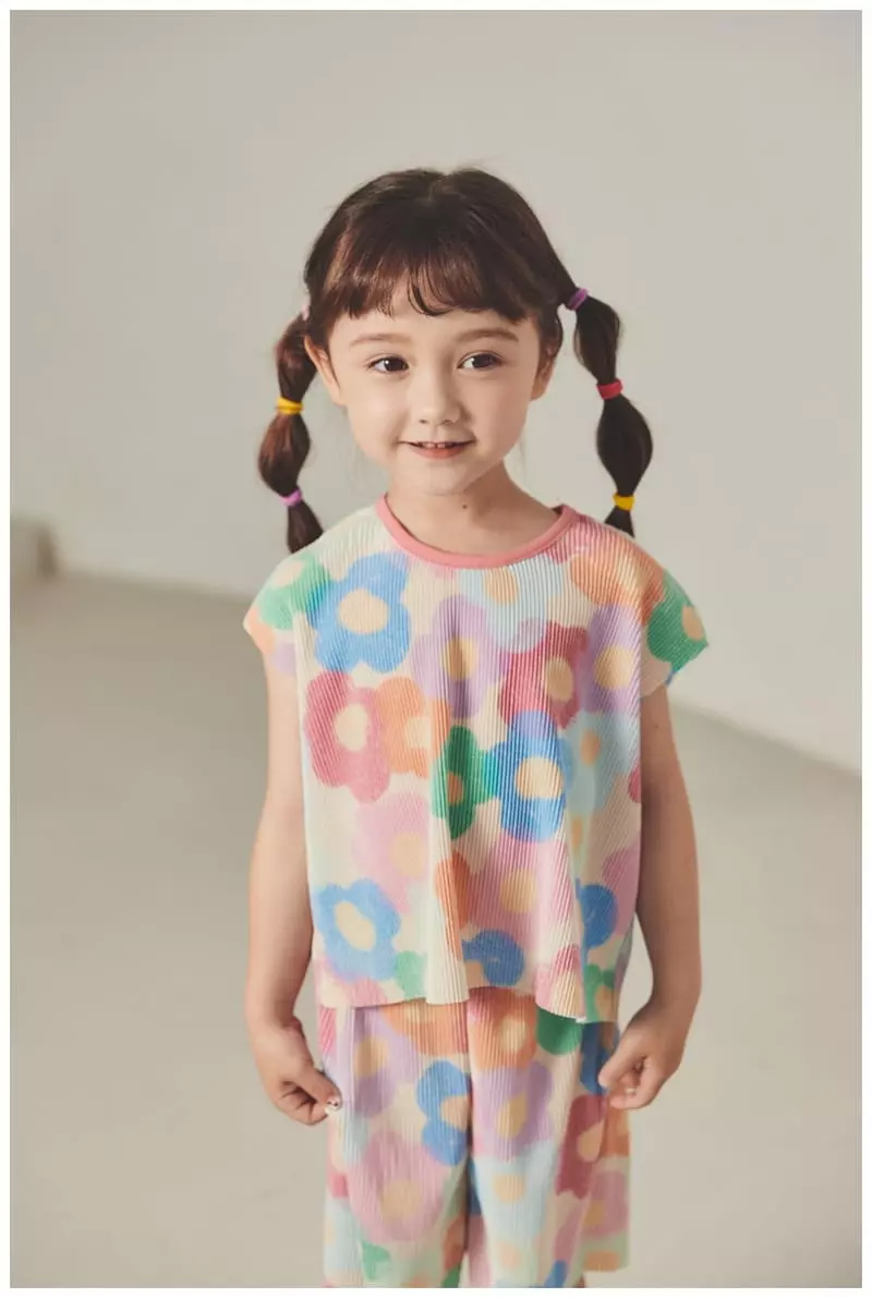 Mimico - Korean Children Fashion - #fashionkids - Flower Wrinkle Top Bottom Set - 2